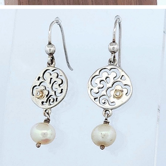 RARE Pandora Two Tone Life's Path Sterling & 14k Gold Pearl & Diamond Earrings - Picture 1 of 4